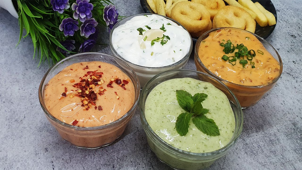 4 Quick Mayonnaise Dips || Garlic Mayo dip || Schezwan Mayo Dip || Mint Mayo Dip || Chilli Mayo Dip