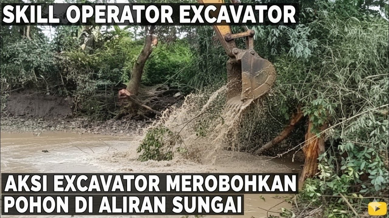Skill Operator Excavator || Aksi Excavator Merobohkan Pohon di Aliran Sungai 