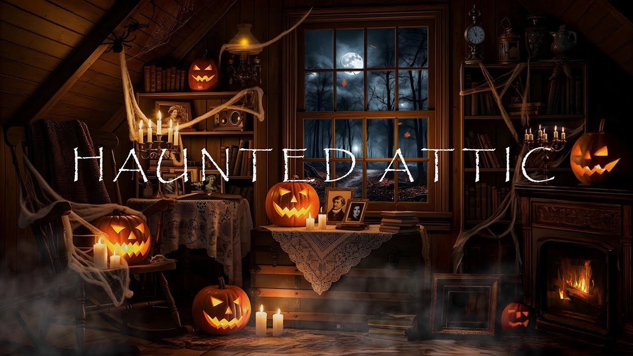 🎃HALLOWEEN HAUNTED ATTIC AMBIENCE-FALL LEAVES🍁CRACKLING FIREPLACE-GHOSTLY GOULS👻JACK O LANTERNS