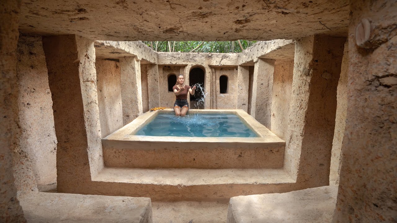Girl Living Off Grid Build The Most Amazing Underground Ruin Temple House Swimming Pool