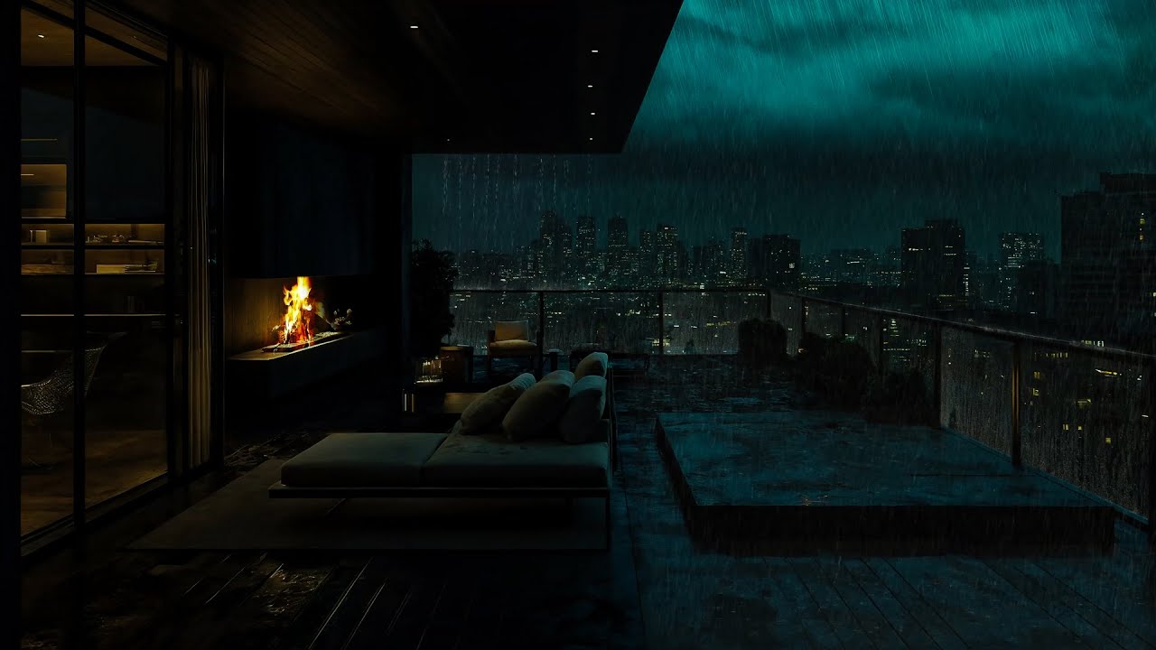 Cozy Rainy Balcony ⚡ Soothing Sounds of Fireplace and Soft Rain Lulling You to Sleep, Healing