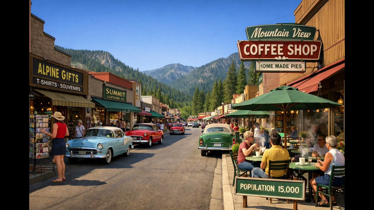 A slice of life in a 1950’s western town in the Rocky Mountains. Tourists and locals are enjoying.