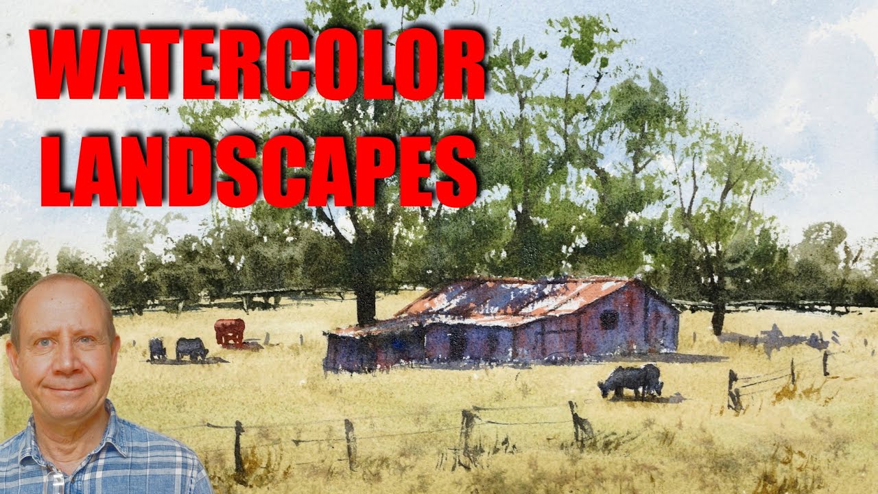 Простой акварельный пейзаж. Простая пошаговая акварельная картина для копирования. Рисуйте свободно.