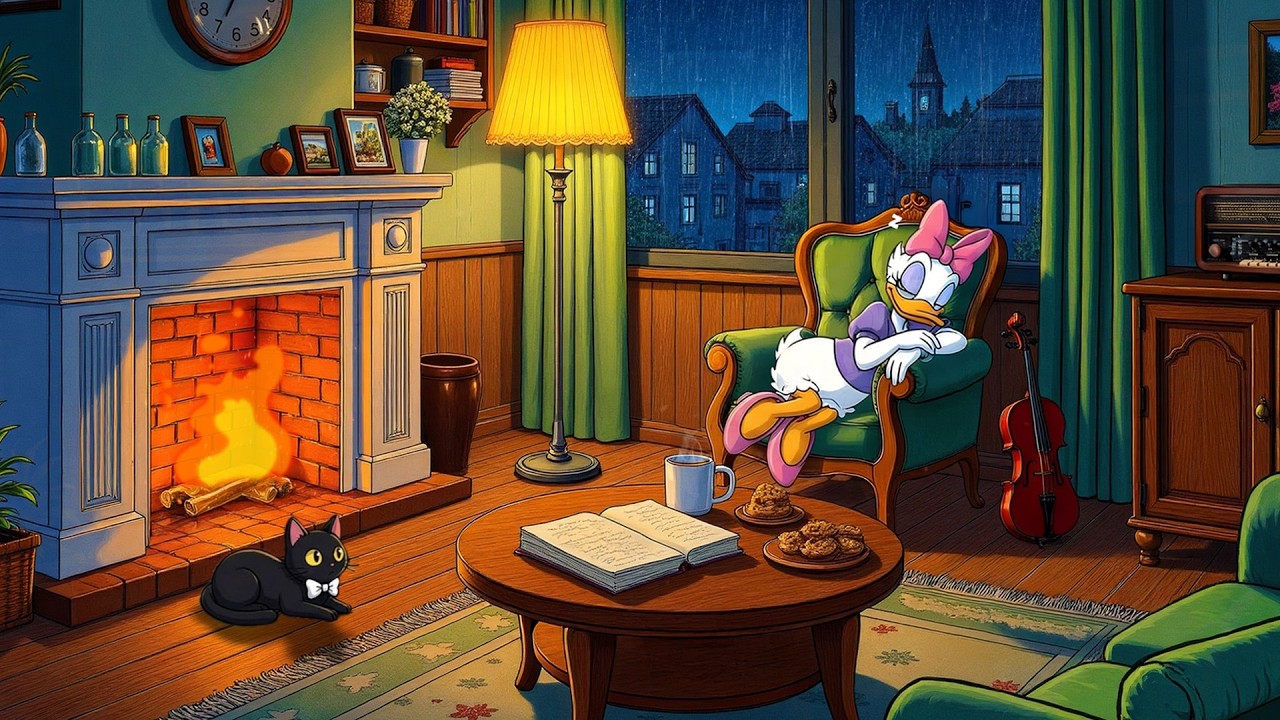 lost in a cozy 1950s night with oldies playing in another room (rain sounds w/ crackling fireplace)