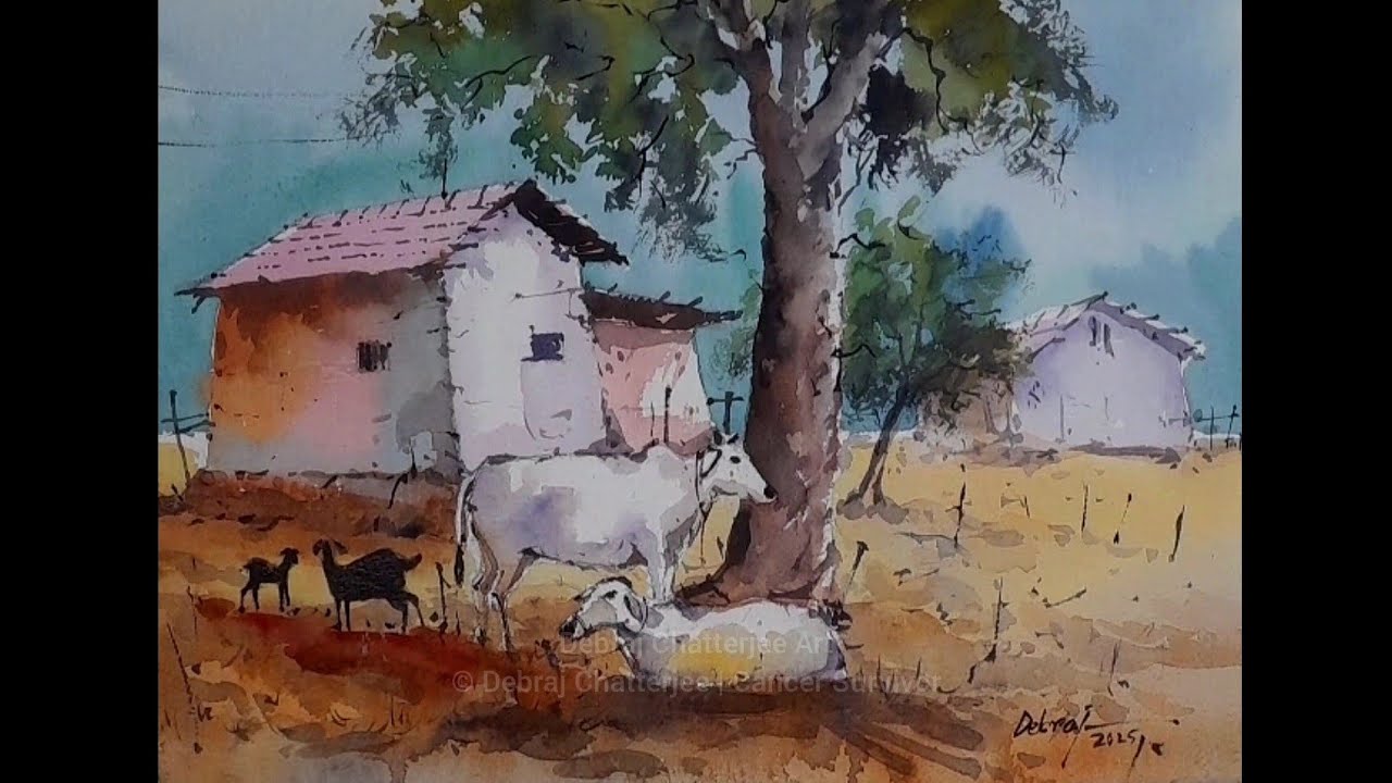 Village Scenery Watercolor Painting. Beautiful Village life Painting 🎨