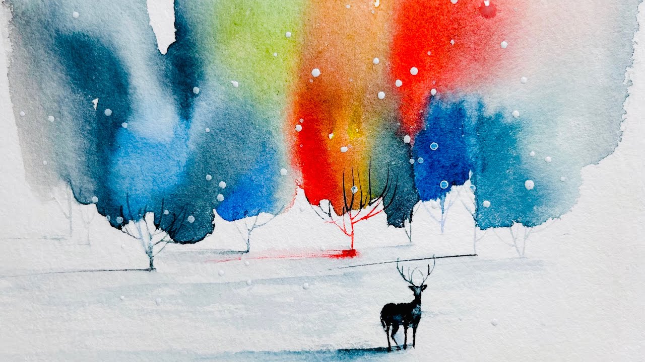 Fantastic Winter Watercolor Scene with Deer │ Beginner-Friendly Step-by-Step Tutorial