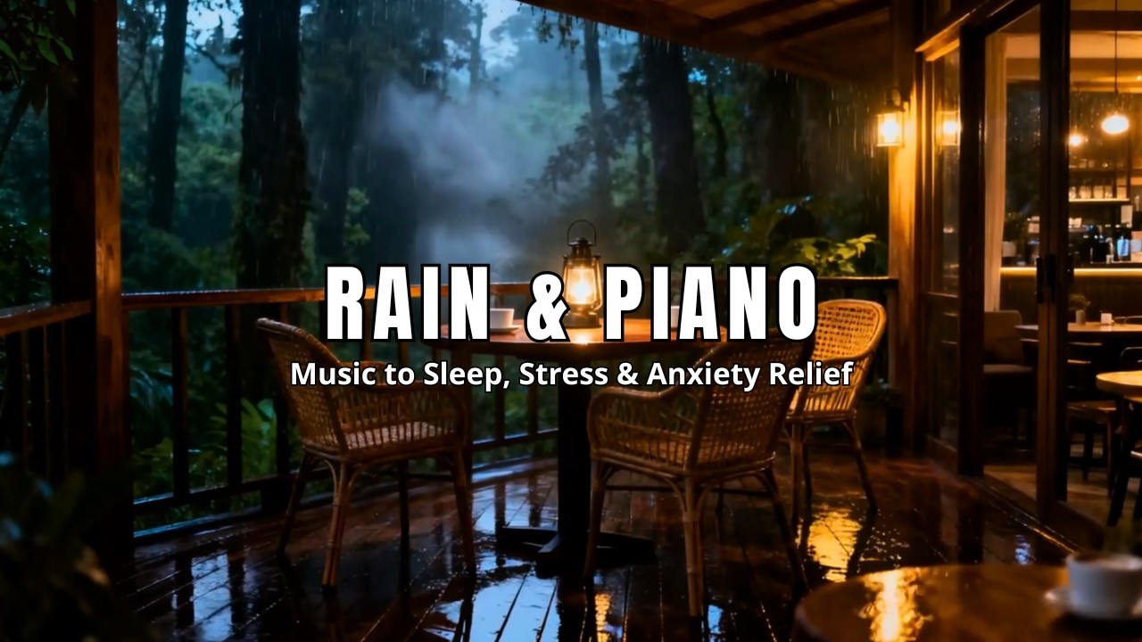 Relaxing Music with Rain Sounds & Piano on Wooden Jungle Cafe Outlook for Peaceful Sleep | Rain