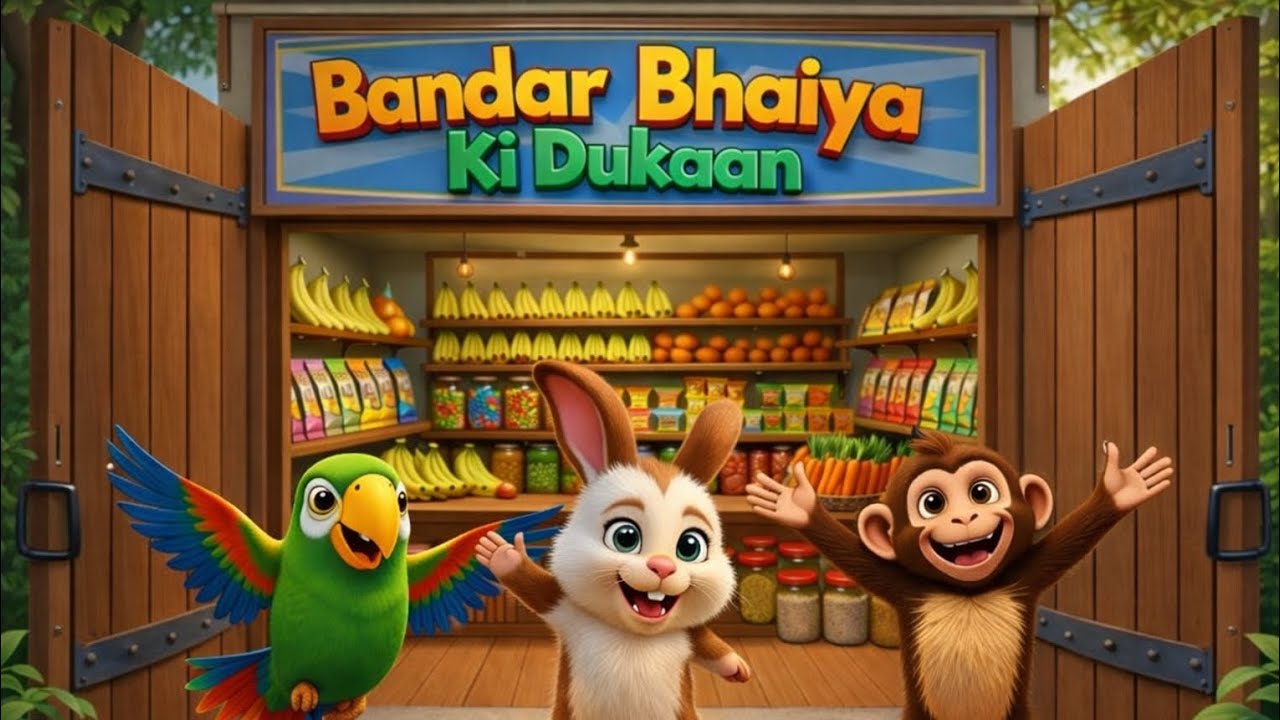 Bandar Bhaiya ki Dukaan 🐒 | Cute Hindi Kids Poem | Jungle Cartoon Story
