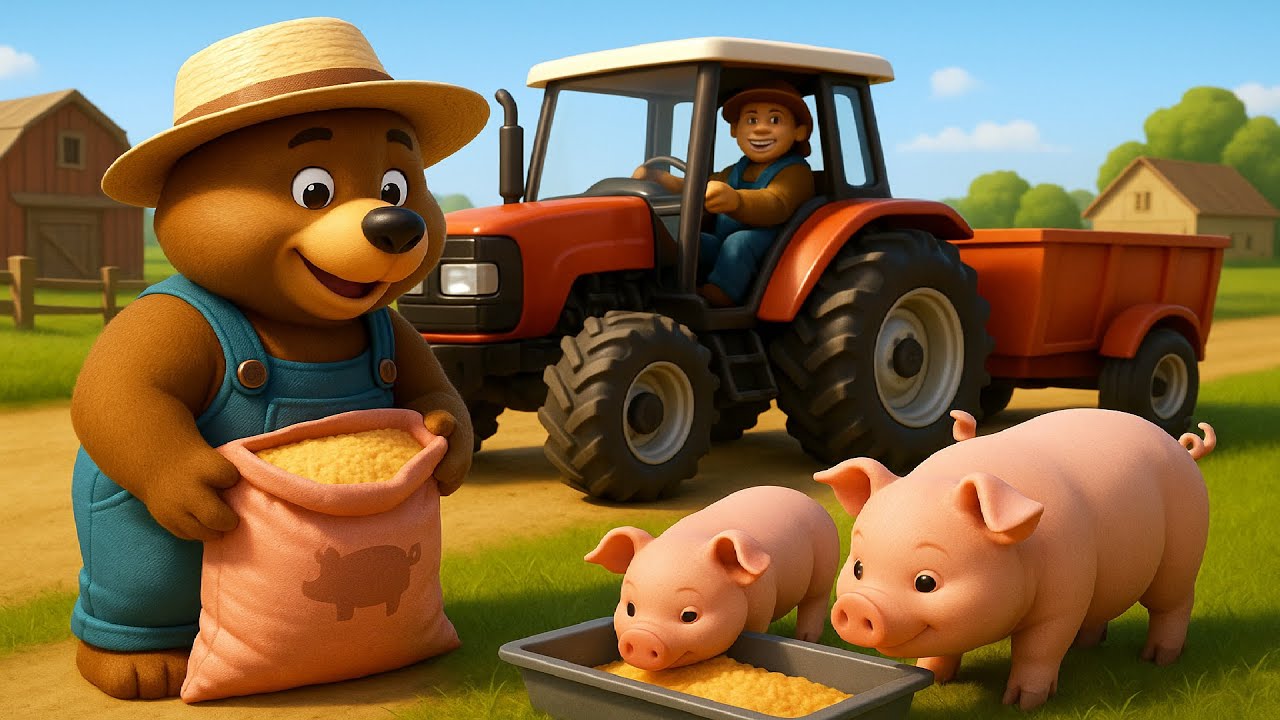 Farm Work: Bear Farmer Cares for Pigs, Transports Food by Tractor