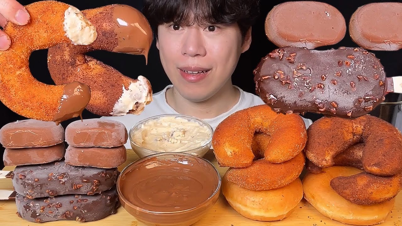 СУБТИТРЫ) Пончики Krispy Kreme с Нутеллой и шоколадным мороженым, мукбанг, асмр