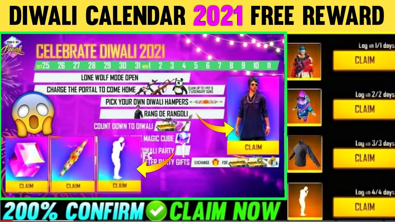 Log in & Claim Diwali Free Rewards🤯| Diwali Event Calendar 2021 Free Fire | Free Fire Diwali Event