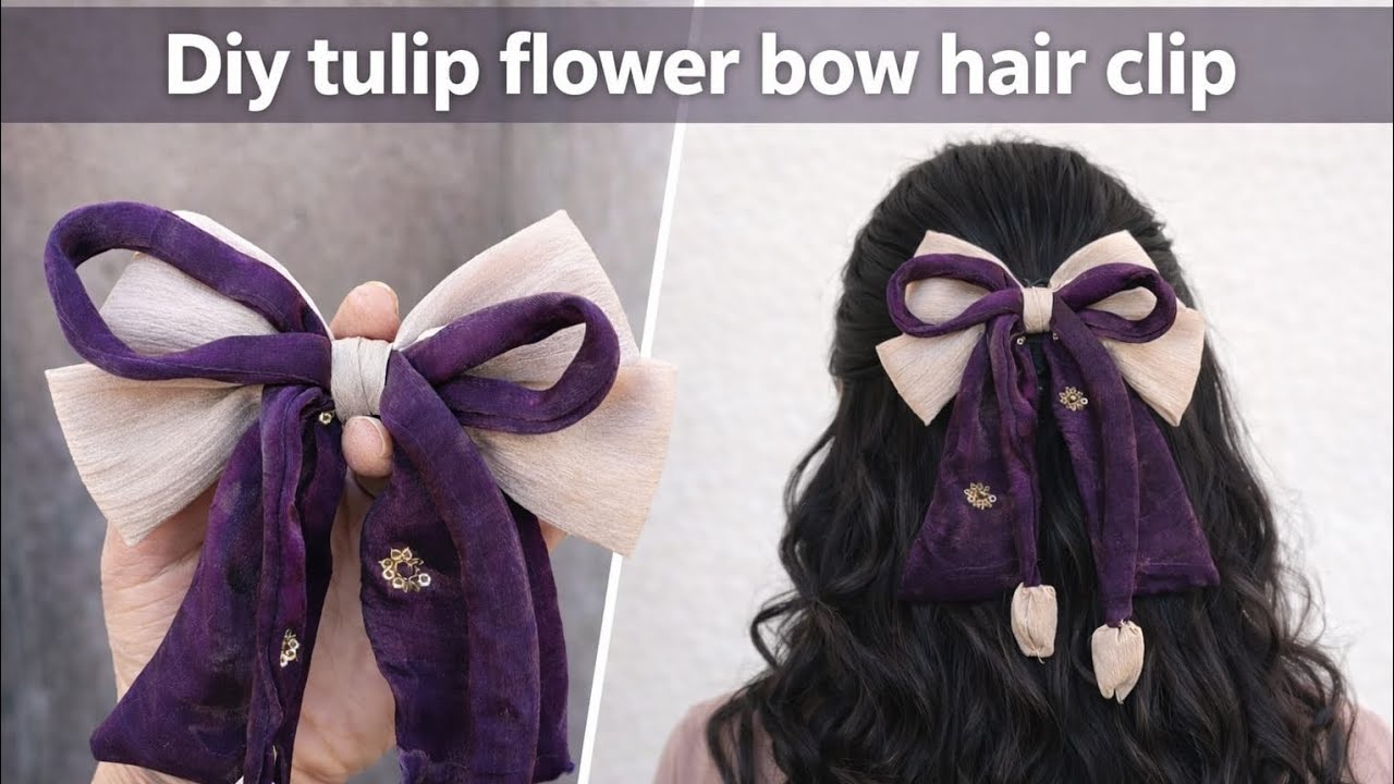 Diy tulip flower Bow hair clip| hair bow clip making at home #thestichingworld #viralvideo#bowmaking