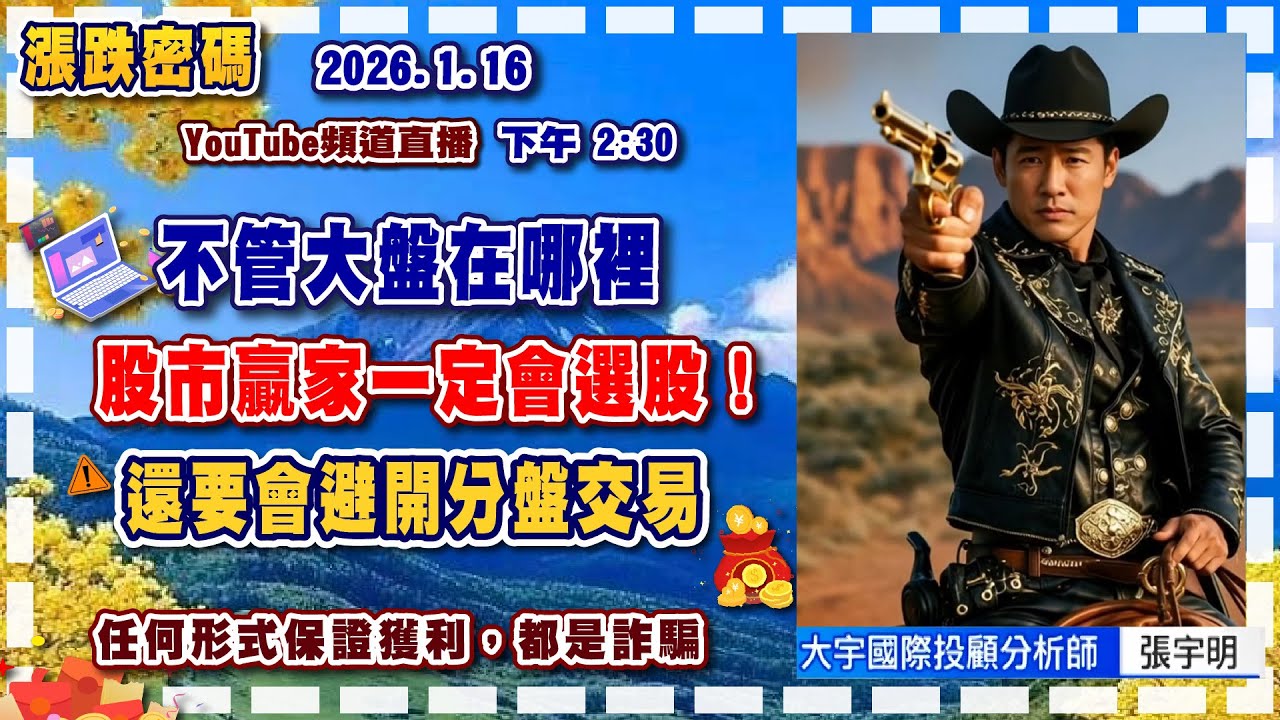 2026.1.16 張宇明台股解盤   不管大盤在哪裡，股市贏家一定會選股！還要會避開分盤交易！【#張宇明分析師】