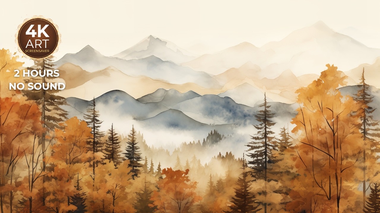Watercolor Autumn Mountains I 2 Hours Screensaver   --EcoArtLab • Frame TV & Printable Art