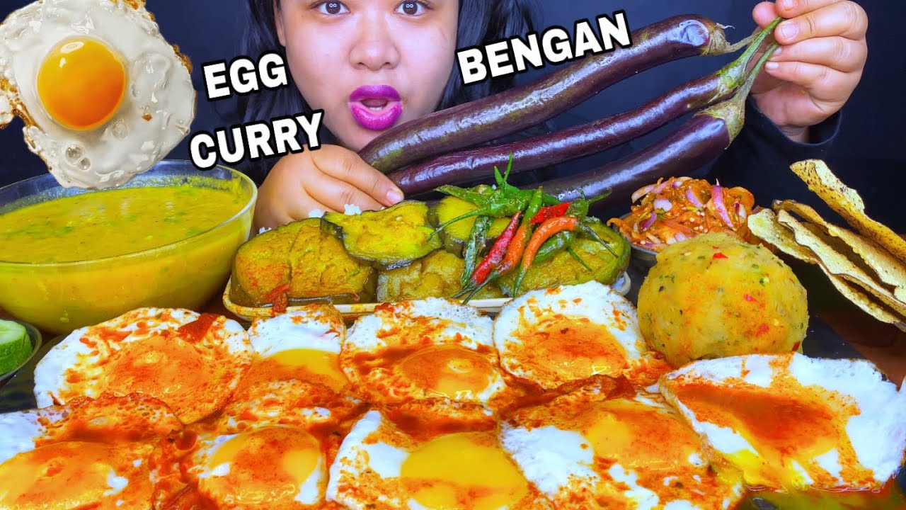 EATING SPICY EGG CURRY, DAL BHAT, BENGAN FRY, BENGAN BHARTA, ALOO BHARTA, PAPAD & SALAD MUKBANG ASMR