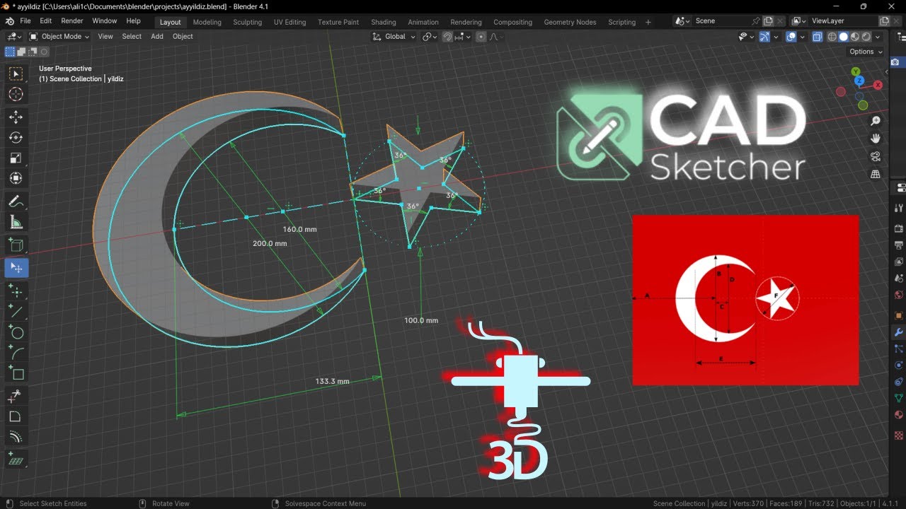 Чертёж полумесяца и звезды турецкого флага в Blender с CadSketcher: Подробный урок