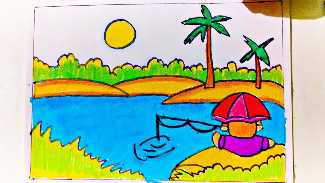 Easy village scenery drawing/Easy village riverside scenery drawing/easy boy fishing drawing/fishing