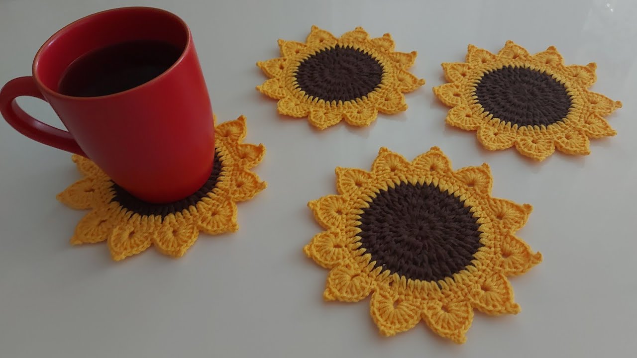 Tığ İşi Örgü Ayçiçeği Bardak Altlığı Yapımı ~ amigurumi easy  crochet sunflower coasters örgü modeli