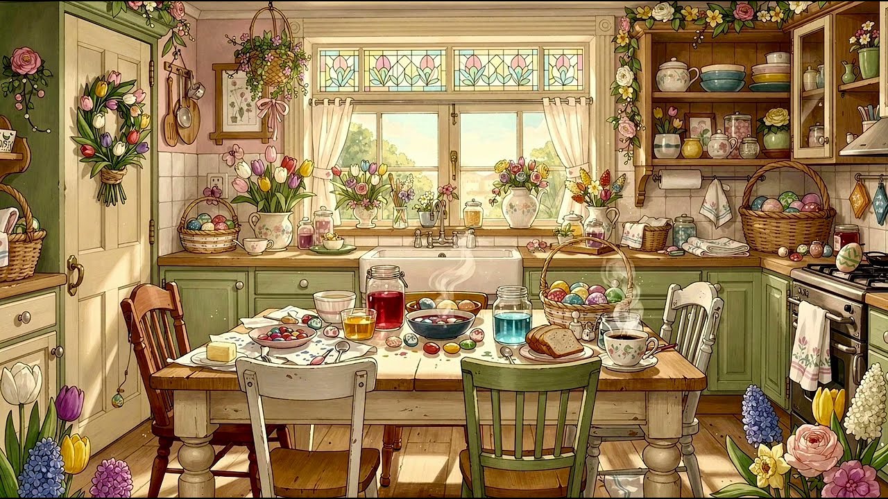 Cozy Easter Morning Kitchen 🌷 Dyeing Eggs in a Sunny Cottage | Relaxing Spring Ambience (1 Hour)