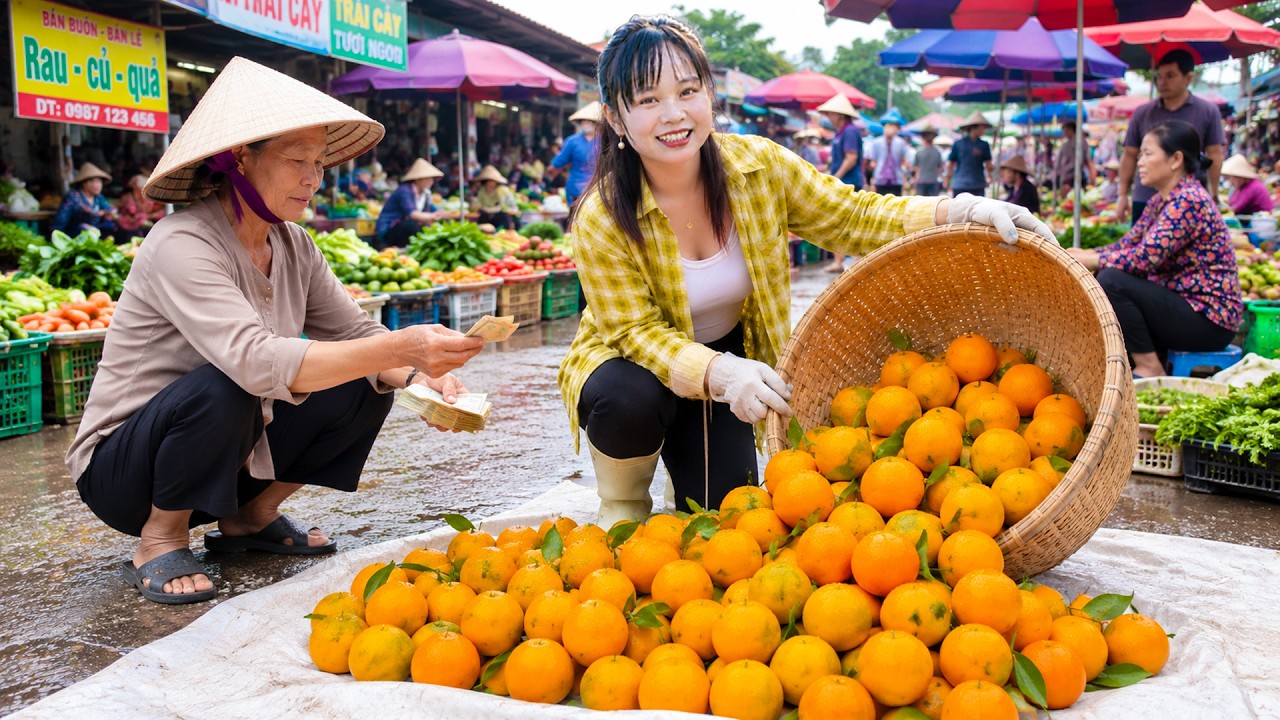Selling Thousands of Fresh Oranges to Local People at the Village Market | Hoang Thi Binh