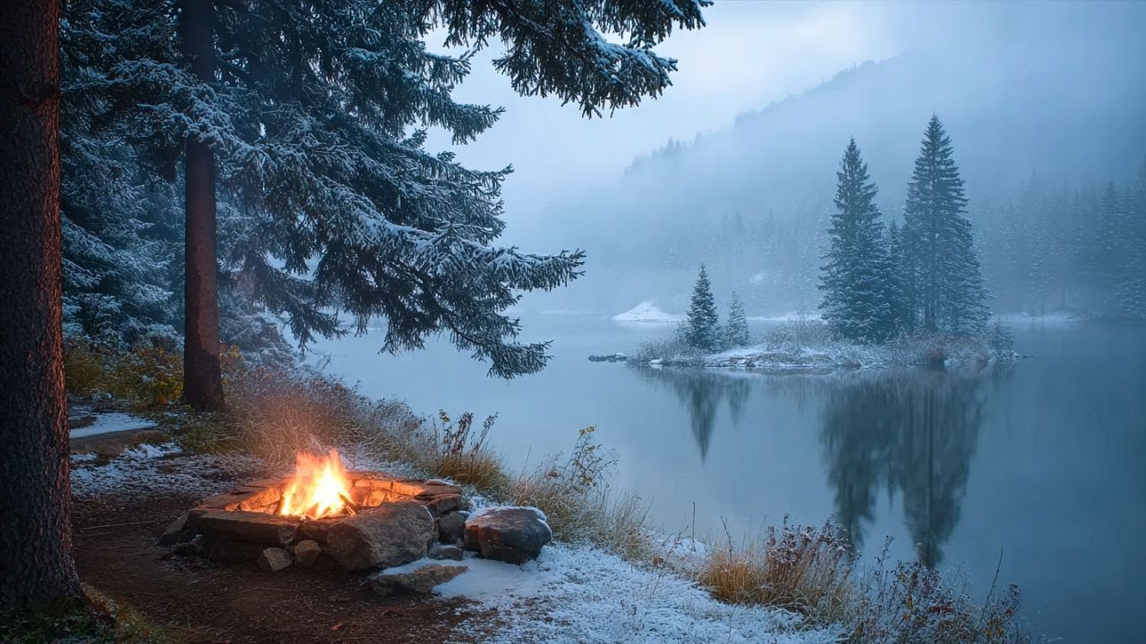 Winter Night by the Lake 🔥 Cozy Campfire Sounds and the Tranquil Beauty of Snowfall
