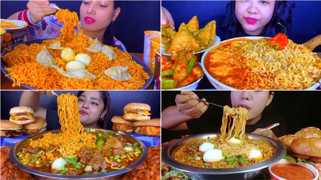 Asmr Eating 🔥 Korean Fire Noodles Spicy 🔥Soupy Noodles with Boiled Egg 🥚 😋🍔Momo Samosa 😋 