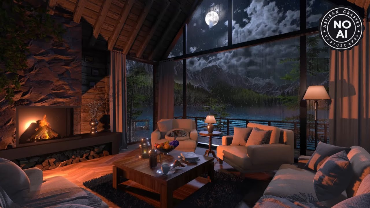 Swiss Alps Chalet | Night Rain Ambience | Fireplace & Thunderstorm Sounds