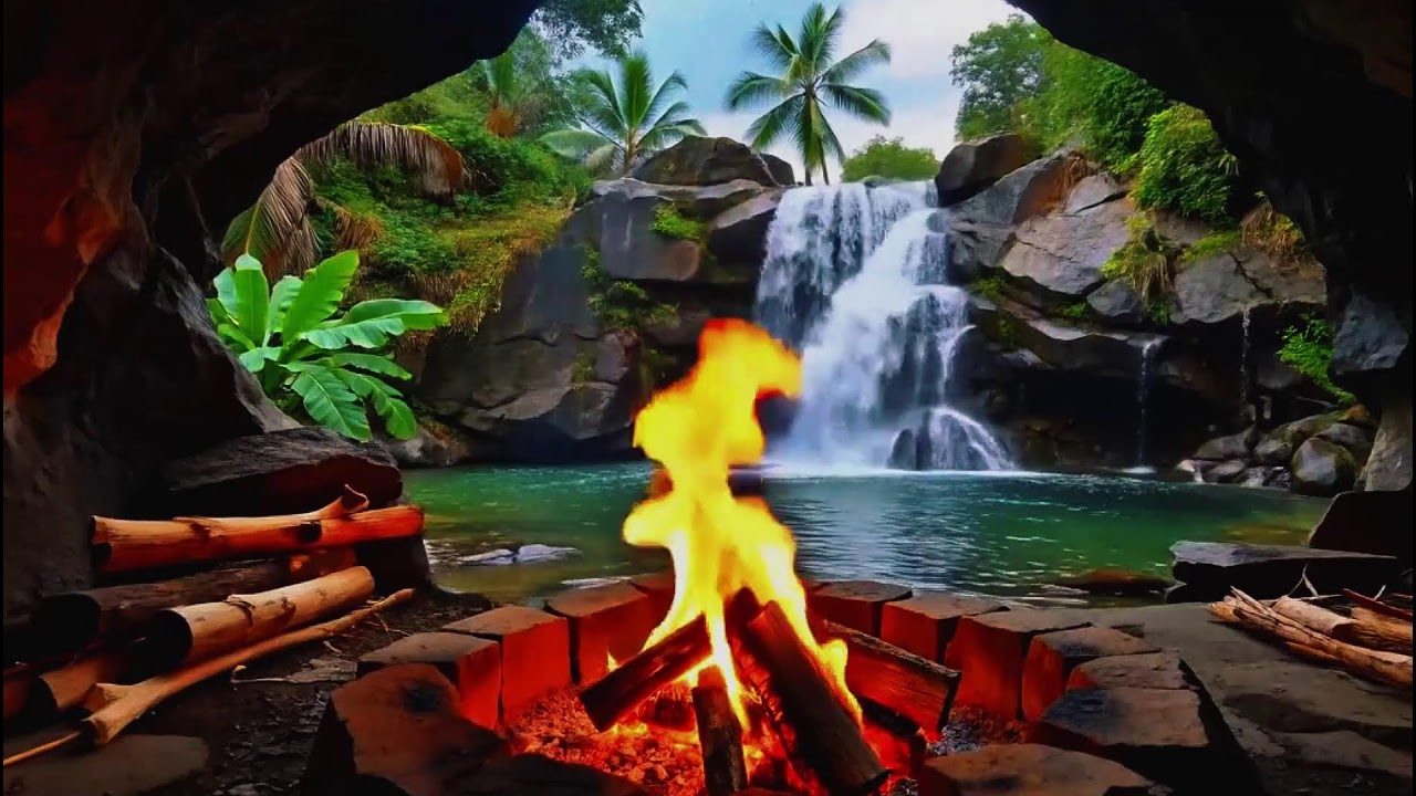 Peaceful Fire &  Flowing Waterfall  Sounds with  Soft Birds  | Cozy Hearth ASMR |  Calm Focus