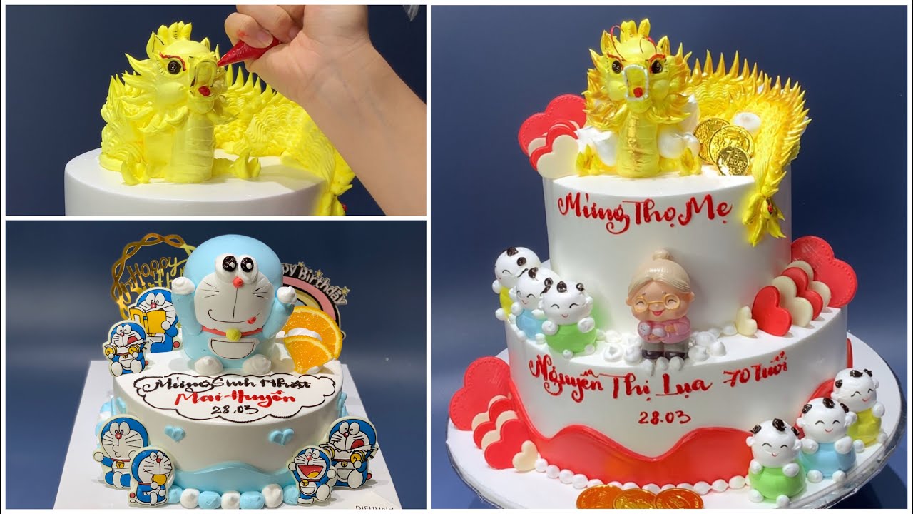 2-tier Golden Dragon Cream Cake and Doremon 3D - Bánh kem Rồng vàng 2 tầng và Doremon 3D