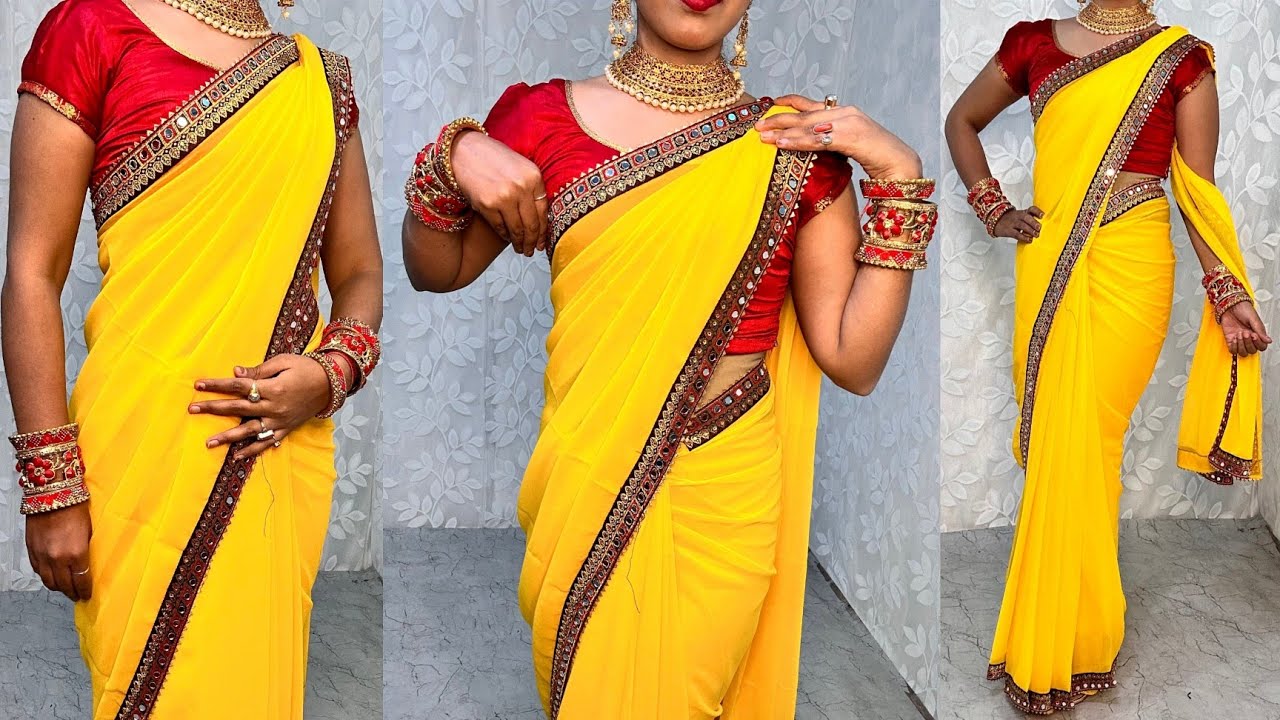 GEORGETTE SAREE DRAPING TRICK|HOW TO DRAPE BORDER SAREE DRAPING PERFECTLY|HINDI