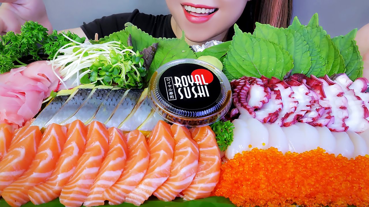 ASMR 5 TYPES OF SASHIMI (OCTOPUS,SCALLOP,HERRING EGGS,SALMON) RAW FOOD EATING SOUNDS | LINH-ASMR