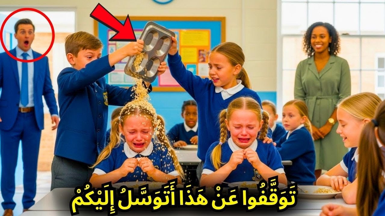 كان الطلاب يرمون القمامة على غداء التوأم... لكن مليونيراً رأى كل شيء وأصابه الغضب...