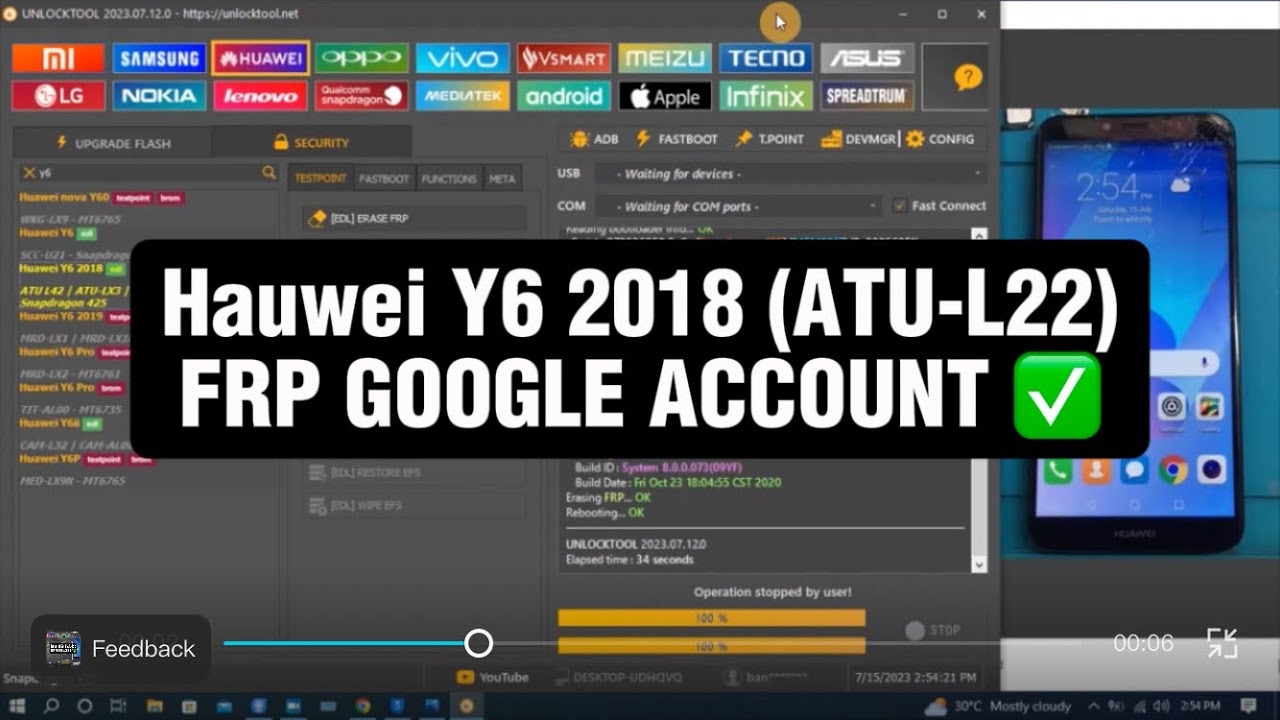 Hauwei Y6 2018 (ATU-L22) FRP GOOGLE ACCOUNT bypass with UNLOCKTOOL