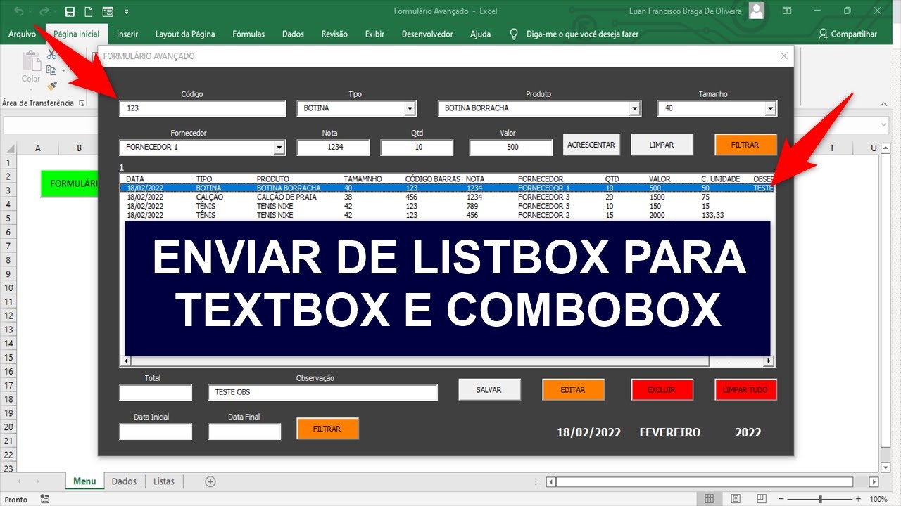 Formulário AVANÇADO no Excel - Transferir Linha de Listbox VBA para Textbox e Combobox - Aula 14