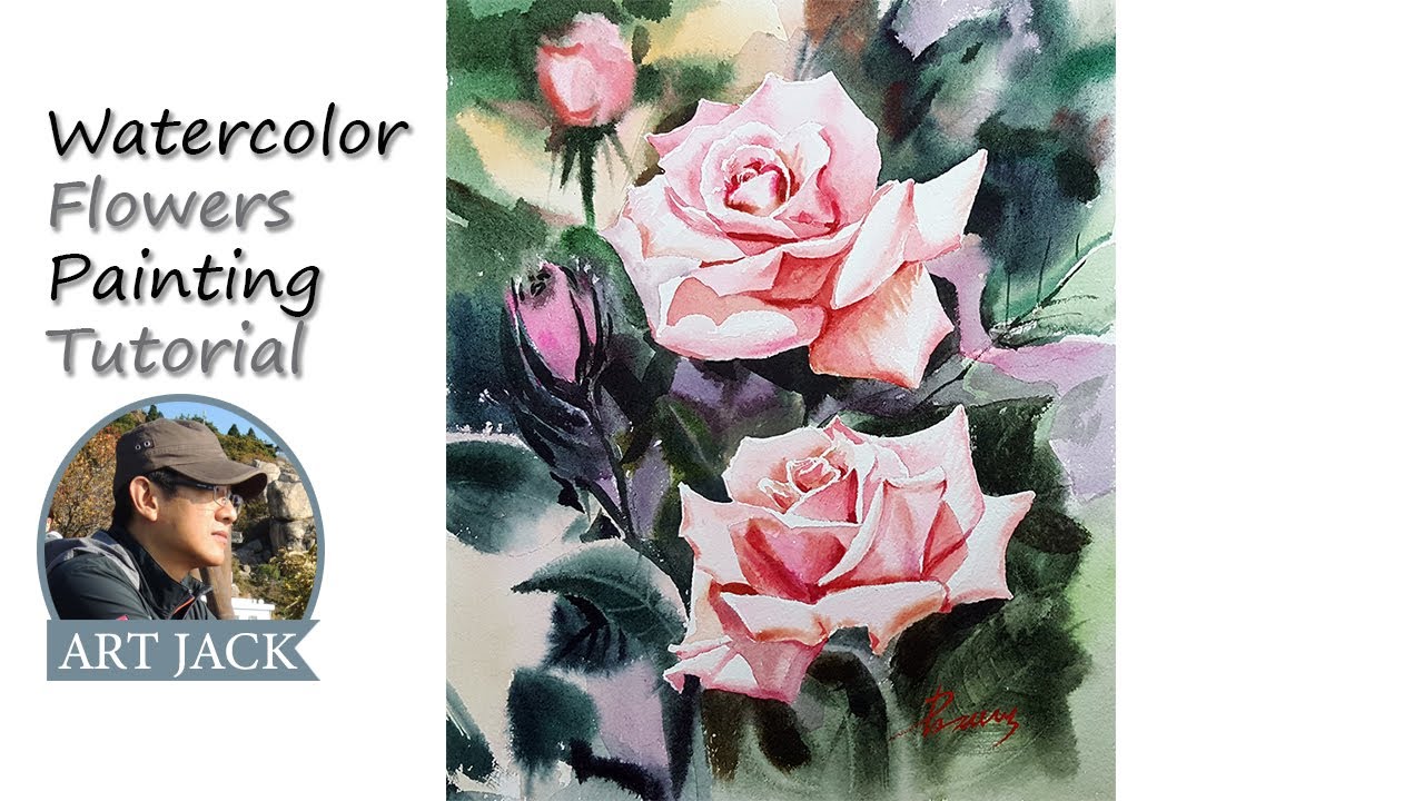 Watercolor Flowers Painting Tutorial-Twin pink roses | 수채화 꽃 그리기- 핑크장미 두송이-팔레트 공개-김재석작가 [ART JACK]