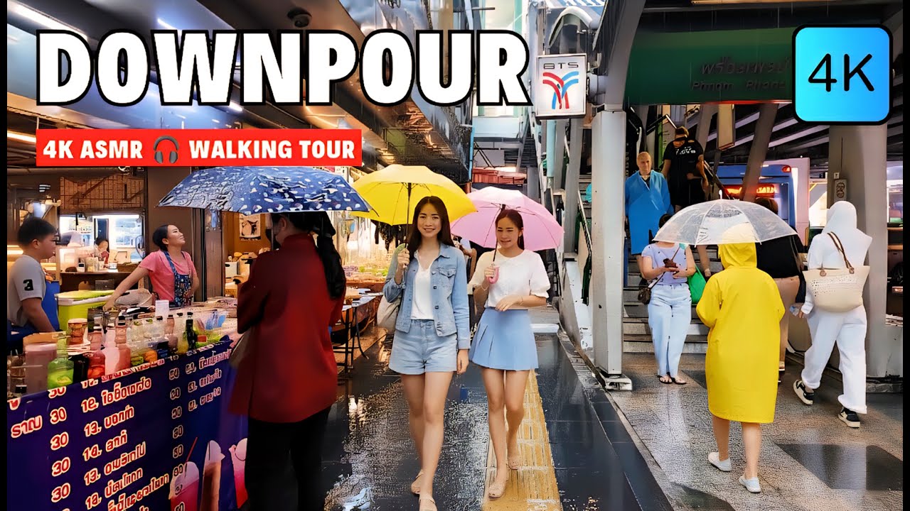 [4K] Tropical Downpour Walk in Bangkok 🇹🇭 Walking Tour (ASMR Rain Sounds)