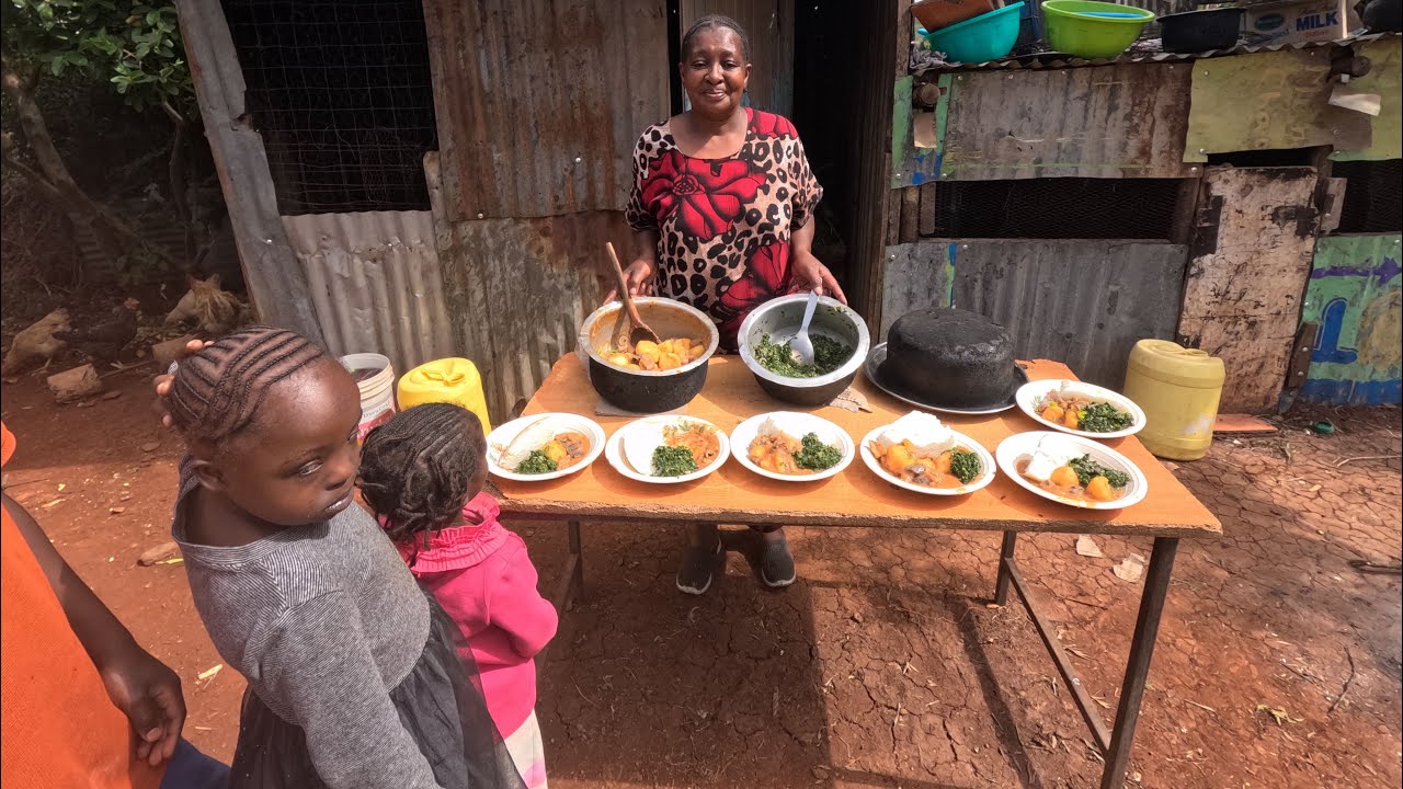 Authentic life in African Village cooking cow stomach and vegetables from farm to table 