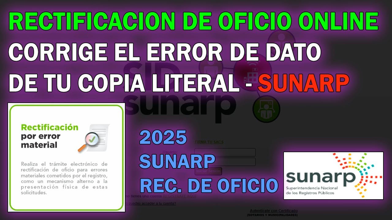 RECTIFICACION DE OFICIO ONLINE, CORRIGE EL ERROR DE DATO DE TU COPIA LITERAL - SUNARP 2025