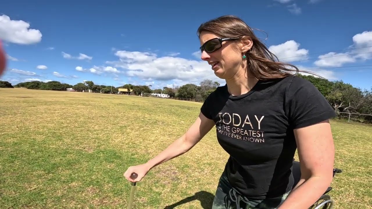Multiple sclerosis sufferers first attempt at walking with a walking, stick mid summer! ￼￼