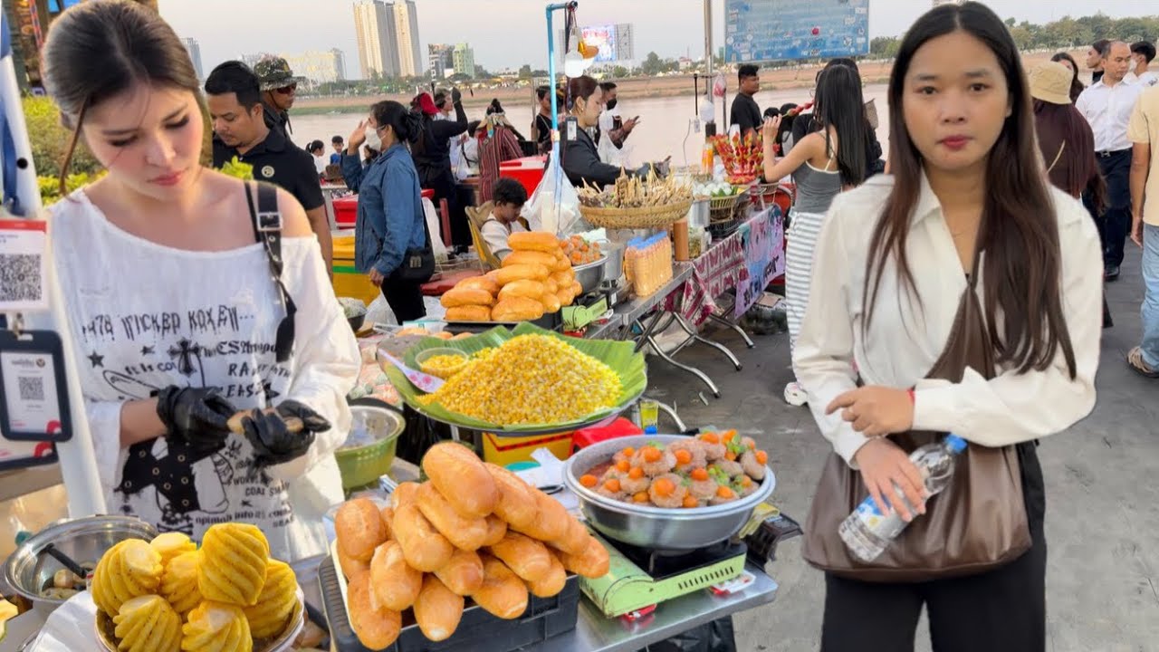 BEST Place! Walking Tour in CAMBODIAN Street Food - Amazing Riverside Food Market, Phnom Penh