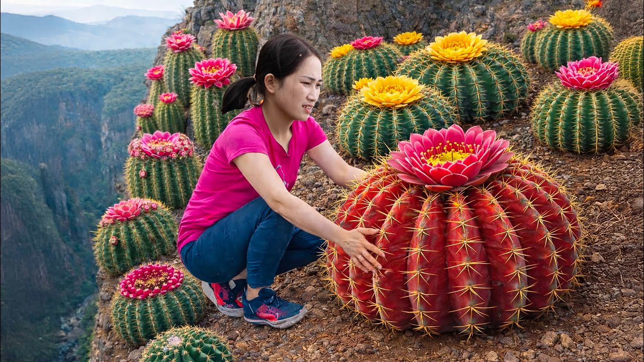 Harvesting GIANT Red Cactus to Sell | Brave Woman Harvest on The Cliff
