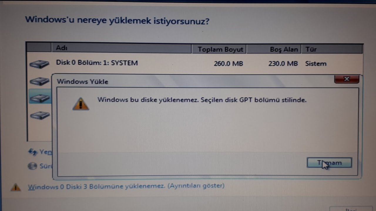 Windows bu diske yüklenemez. Seçilen disk GPT bölümü stilinde. hatası çözüldü