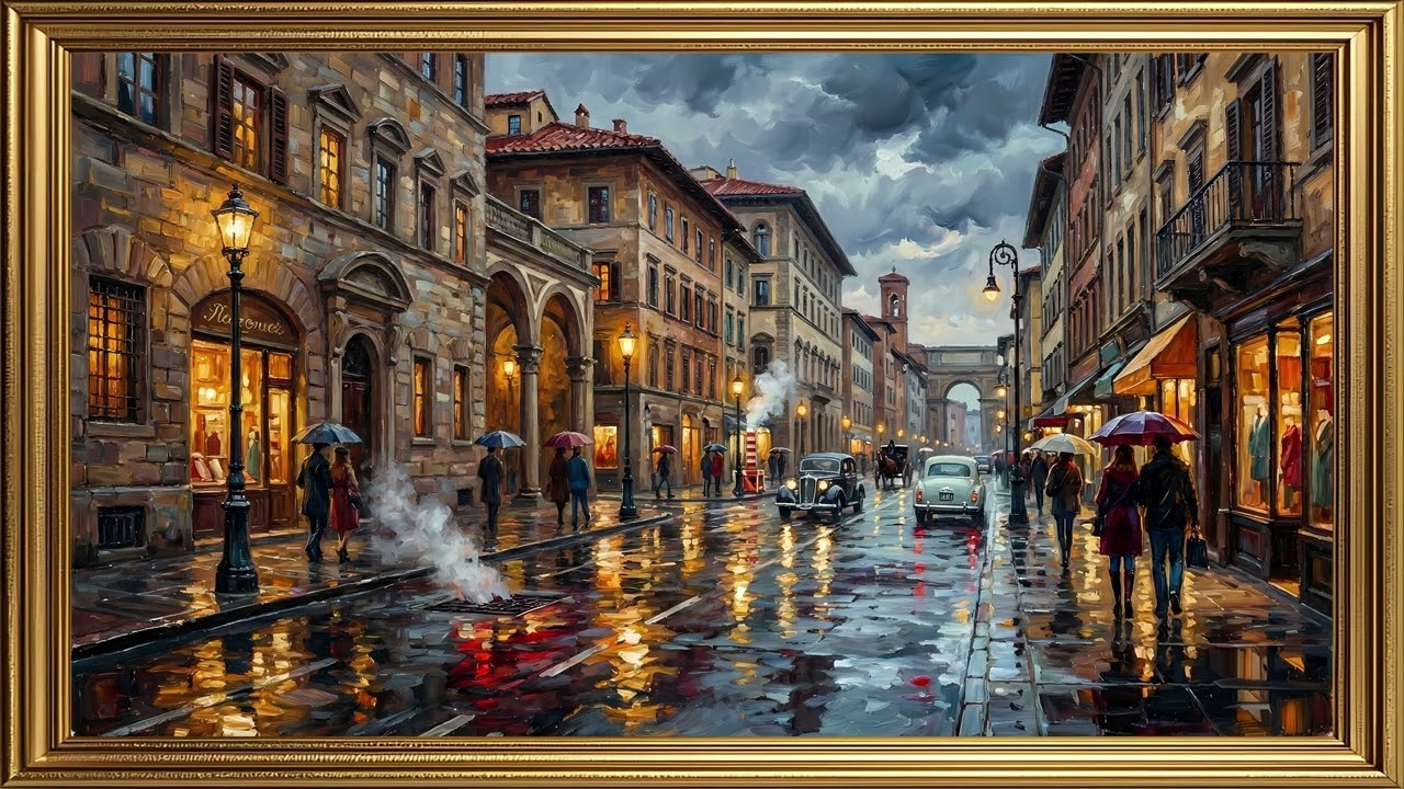 Rainy Florence Evening Street Painting | Cinematic Oil Art Ambience – 4K Silent Art Screensaver Loop