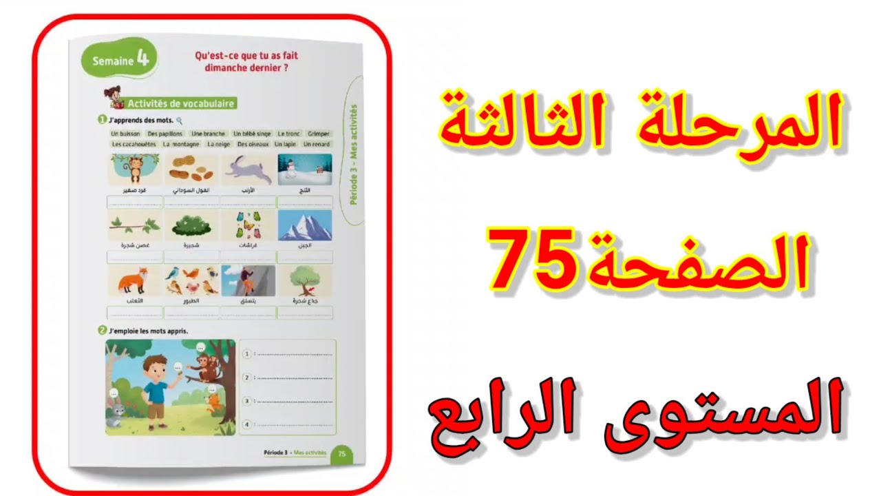 الصفحة75 الاسبوع 4 المرحلة الثالثة الفرنسية المستوى الرابع ابتدائي  vocabulaire page 75.