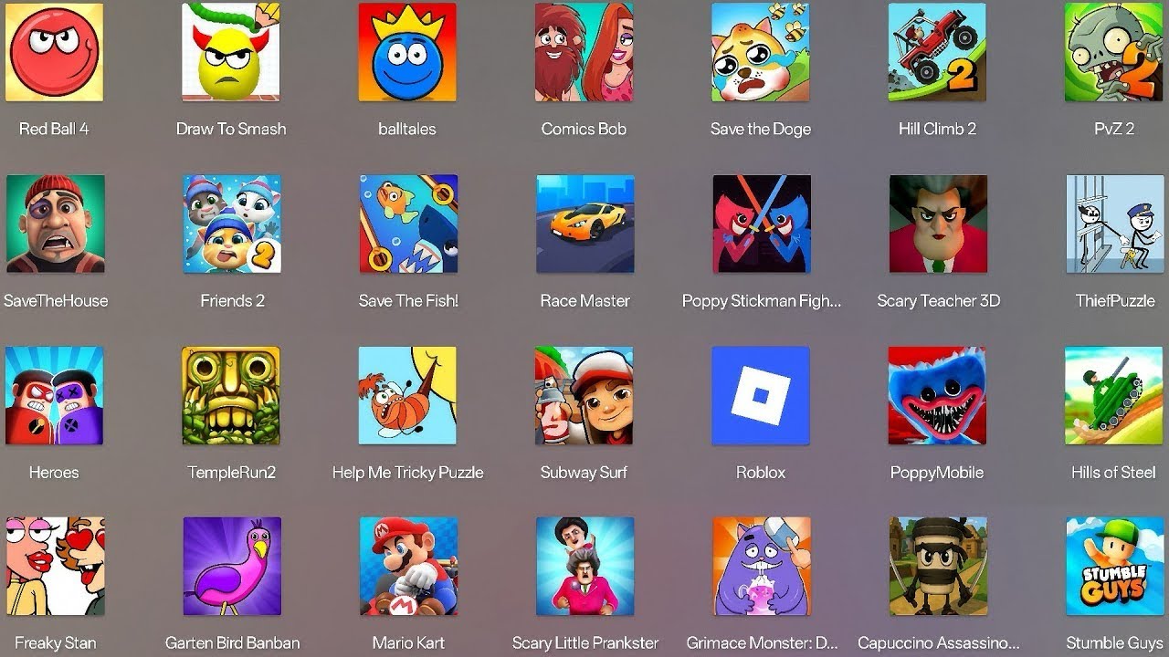 Grimace Monster Scary Survival,Tom Friends,Roblox,Poppy Playtime4,Stumble Guys,Help Me Tricky Puzzle