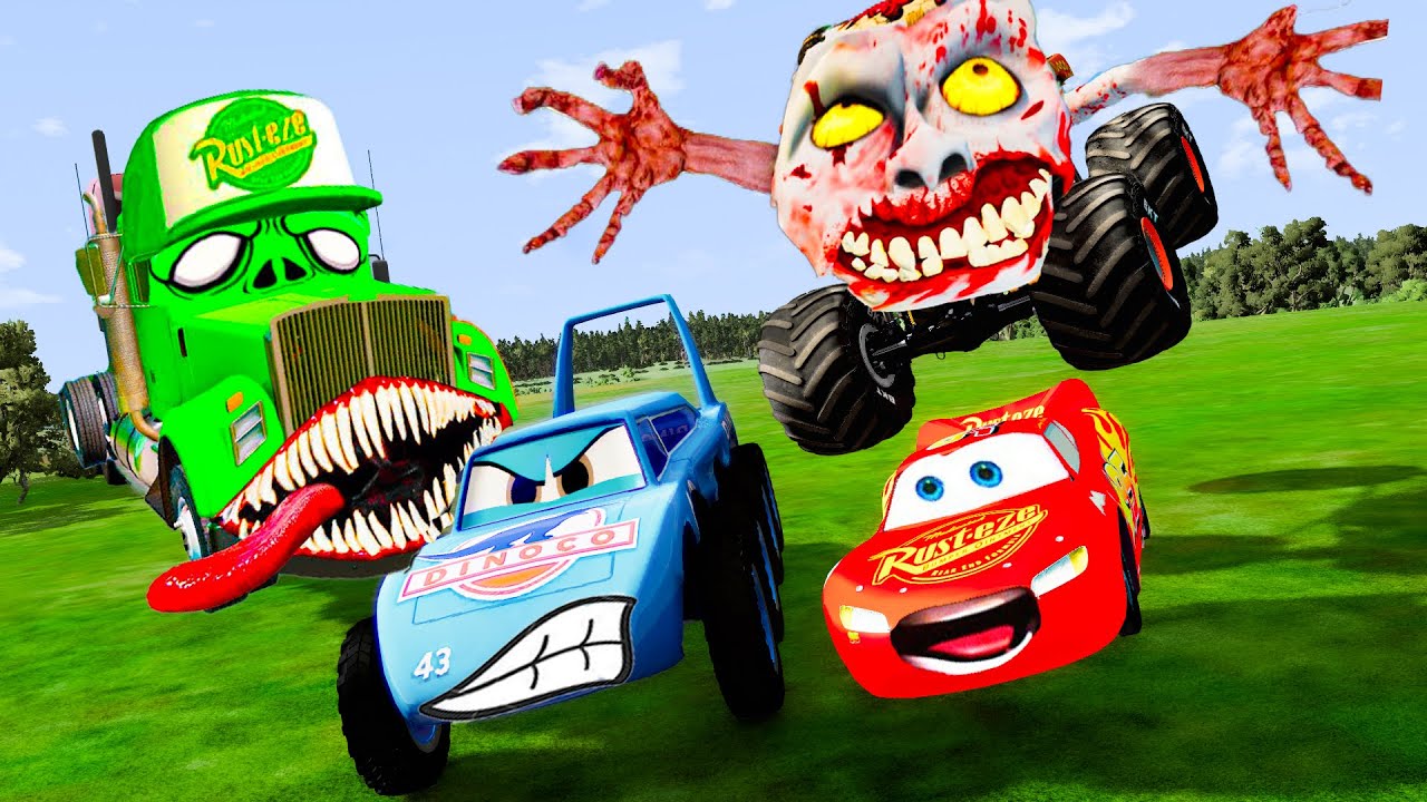 Angry MACK TRUCK and Zombie Monster Truck vs Lightning McQueen and MATER PIXAR CARS in BeamNG.Drive