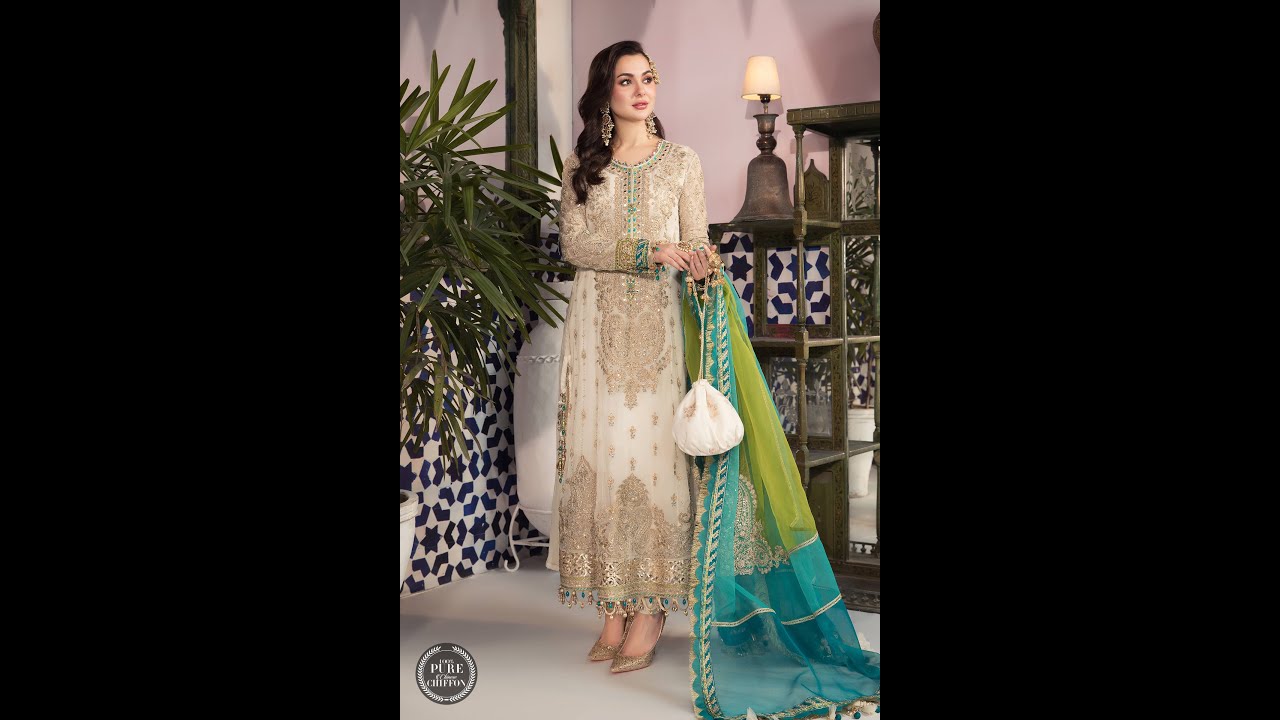 MARIA. B. Eid Chiffon | 107-Cream and Ferozi | Master Replica | Price Rs.12,500/-