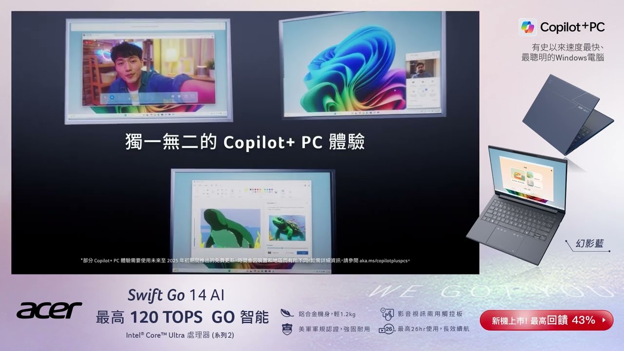 Acer AI PC GO智能 GO輕薄👉Swift Go 14 AI 新機上市～ 滿額限時登記抽品牌萬元好禮‼️