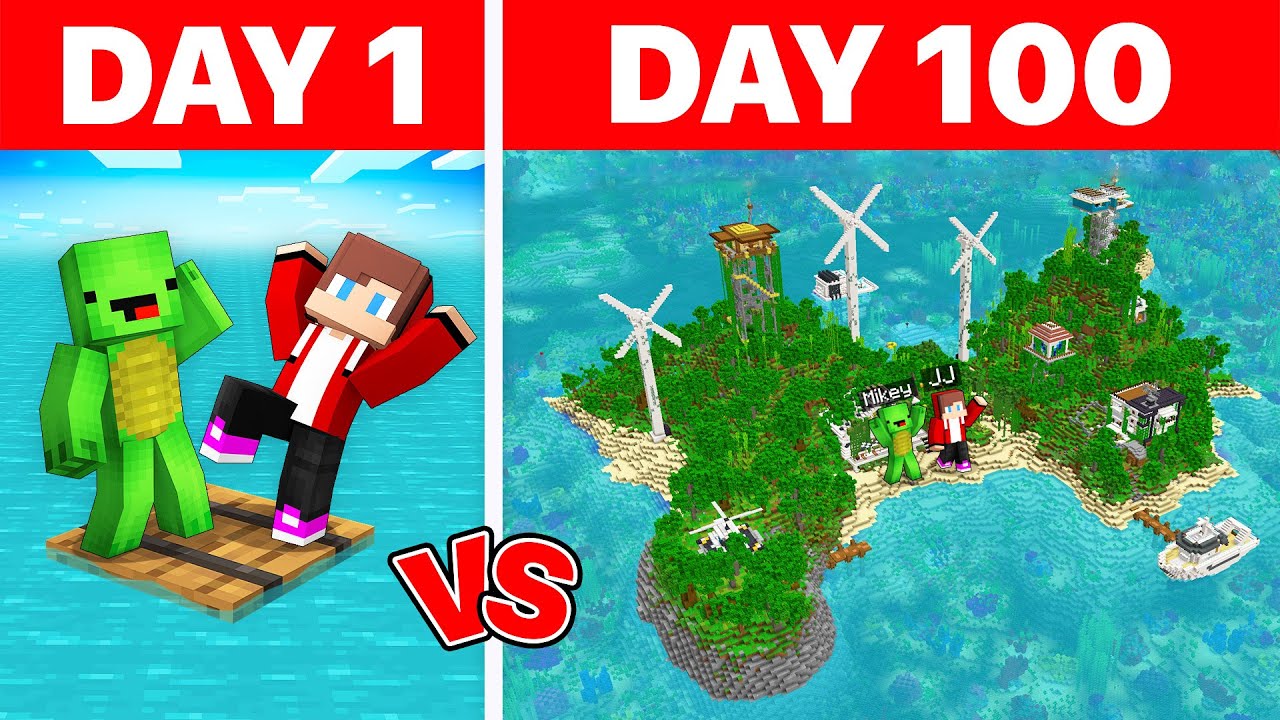 JJ and Mikey Stranded 100 Days on One Raft in Minecraft! (Maizen)
