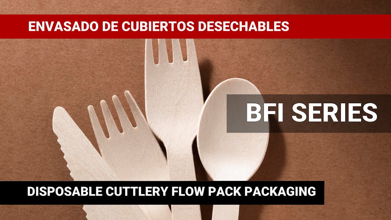 Envasado flow pack de cubiertos desechables desde apilador con envolvedora BFI SERIES